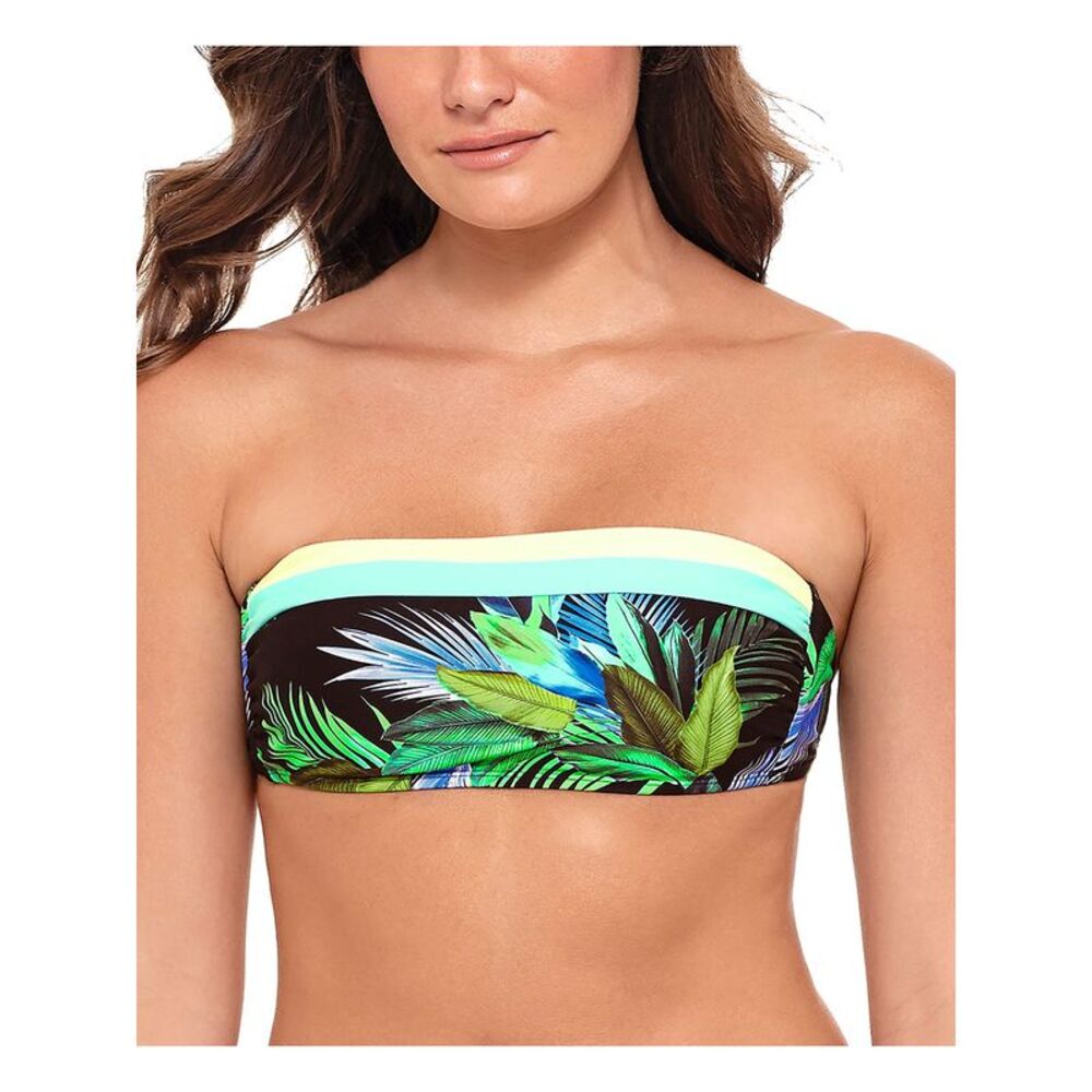 SALT + COVE Women's Black Tropical Print Tie Tropic Glo Bandeau Swimsuit Top XS